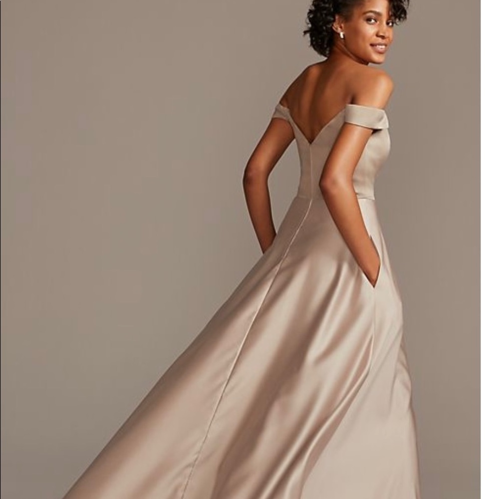 off-the-shoulder satin a-line bridesmaid dress
